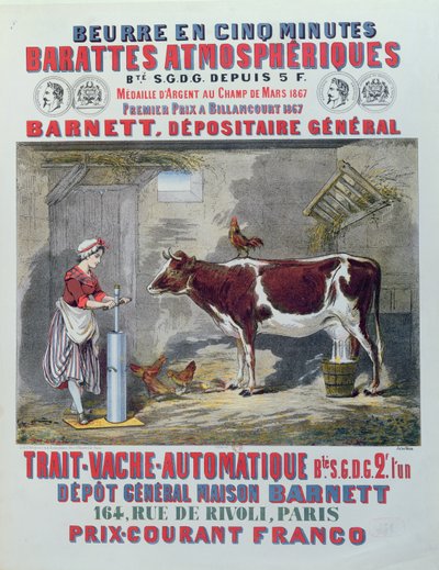 Advertisement for the Atmospheric Churn and Automatic Milking Machine, from Maison Barnett, Paris, c.1867 by Jules Gras